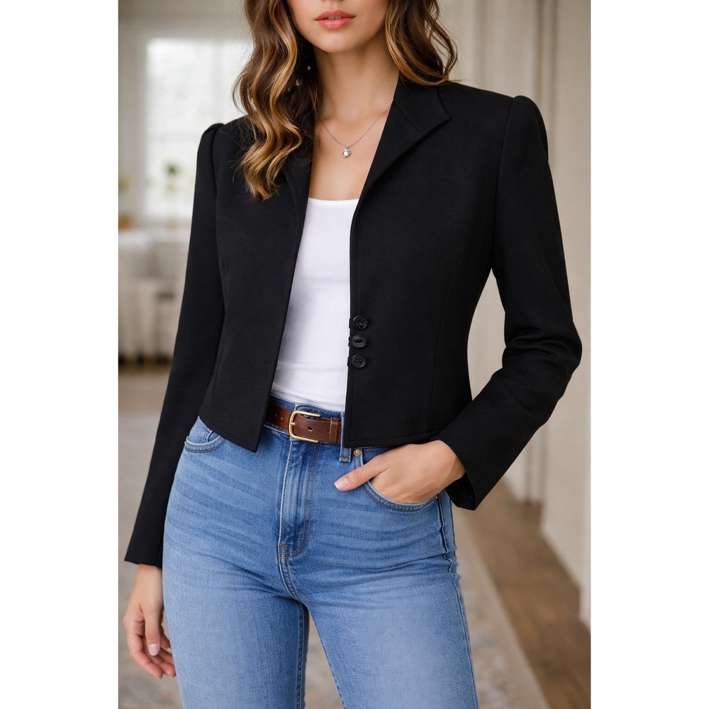 Roth-Le Cover Petites Vintage Black Cropped Blazer Puff‎ Shoulder Jacket 1980s